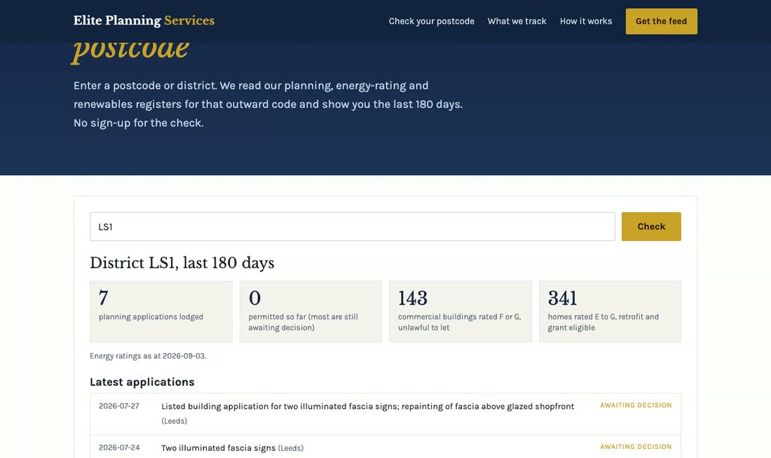 The postcode tool showing applications lodged, buildings rated F or G, and renewable schemes for a district.